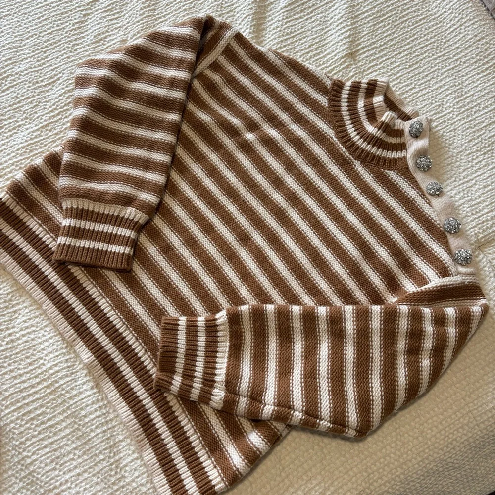 J. Crew striped Cable knit mockneck pullover in jewel bling buttons size L